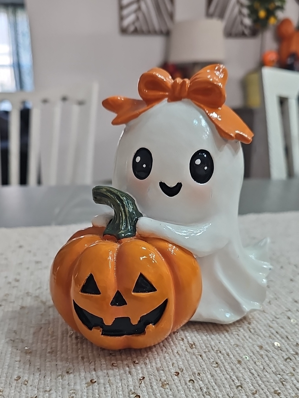 New! Halloween Cute Bow Ghost with Pumpkin